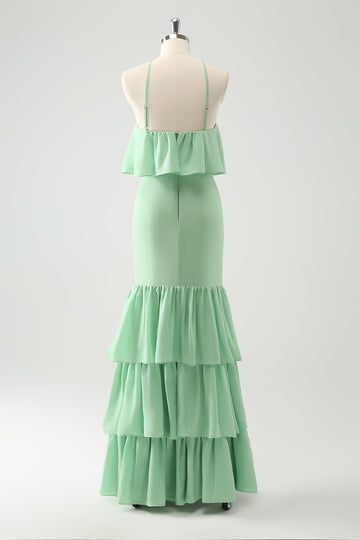 Grønn lagdelt Chiffon havfrue Halter lagdelt brudekjole